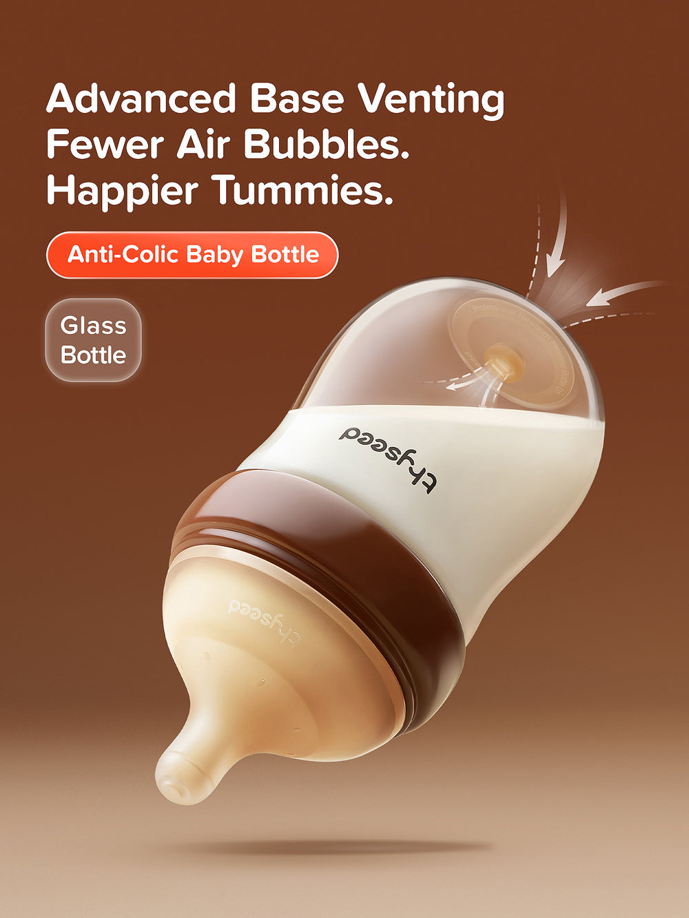 Thyseed newborn starter set featuring glass bottles and silicone pacifiers spilling from an open gift box.