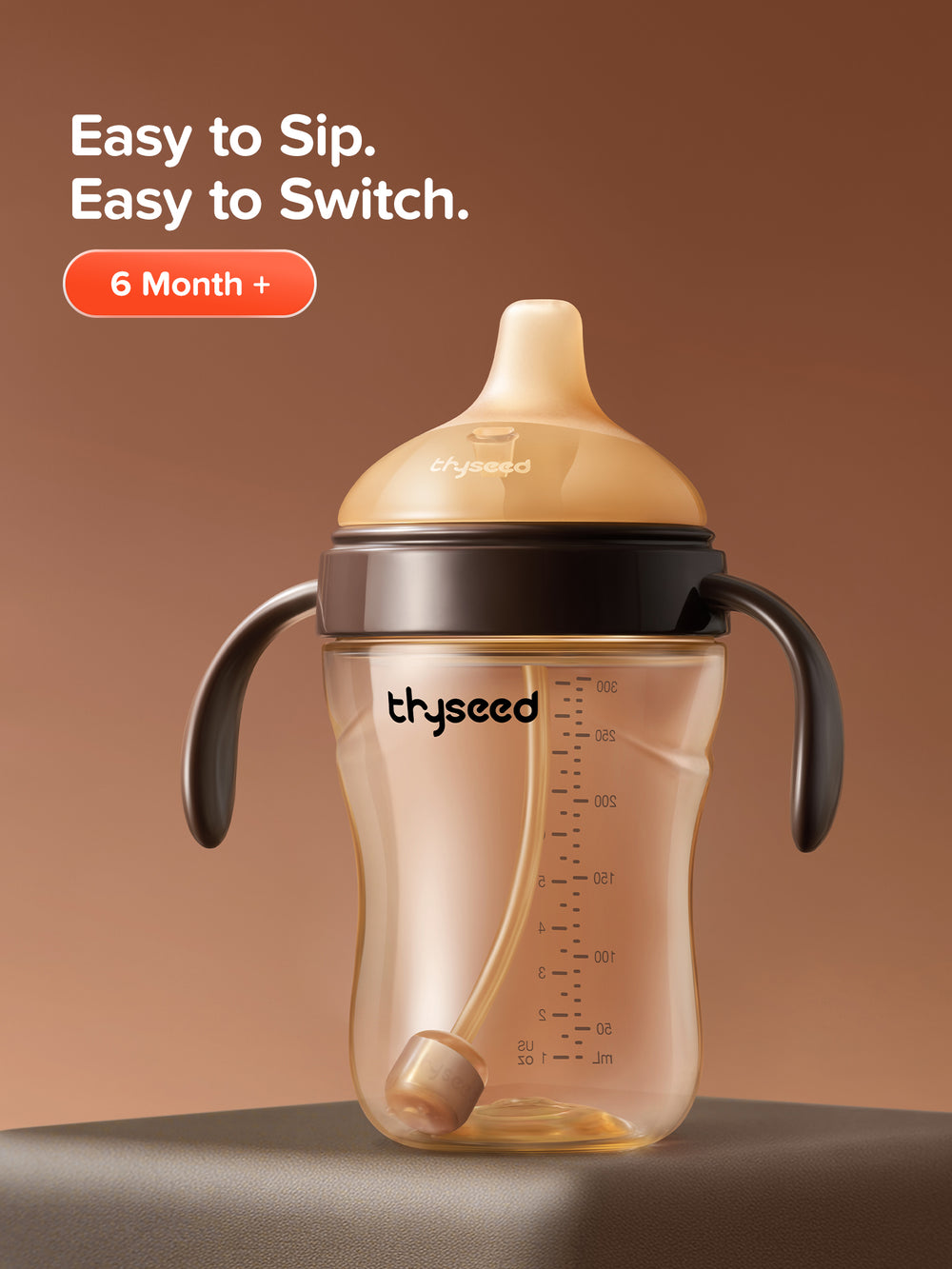 Thyseed 10oz PPSU sippy cup with weighted straw and angled handles, amber and dark brown.