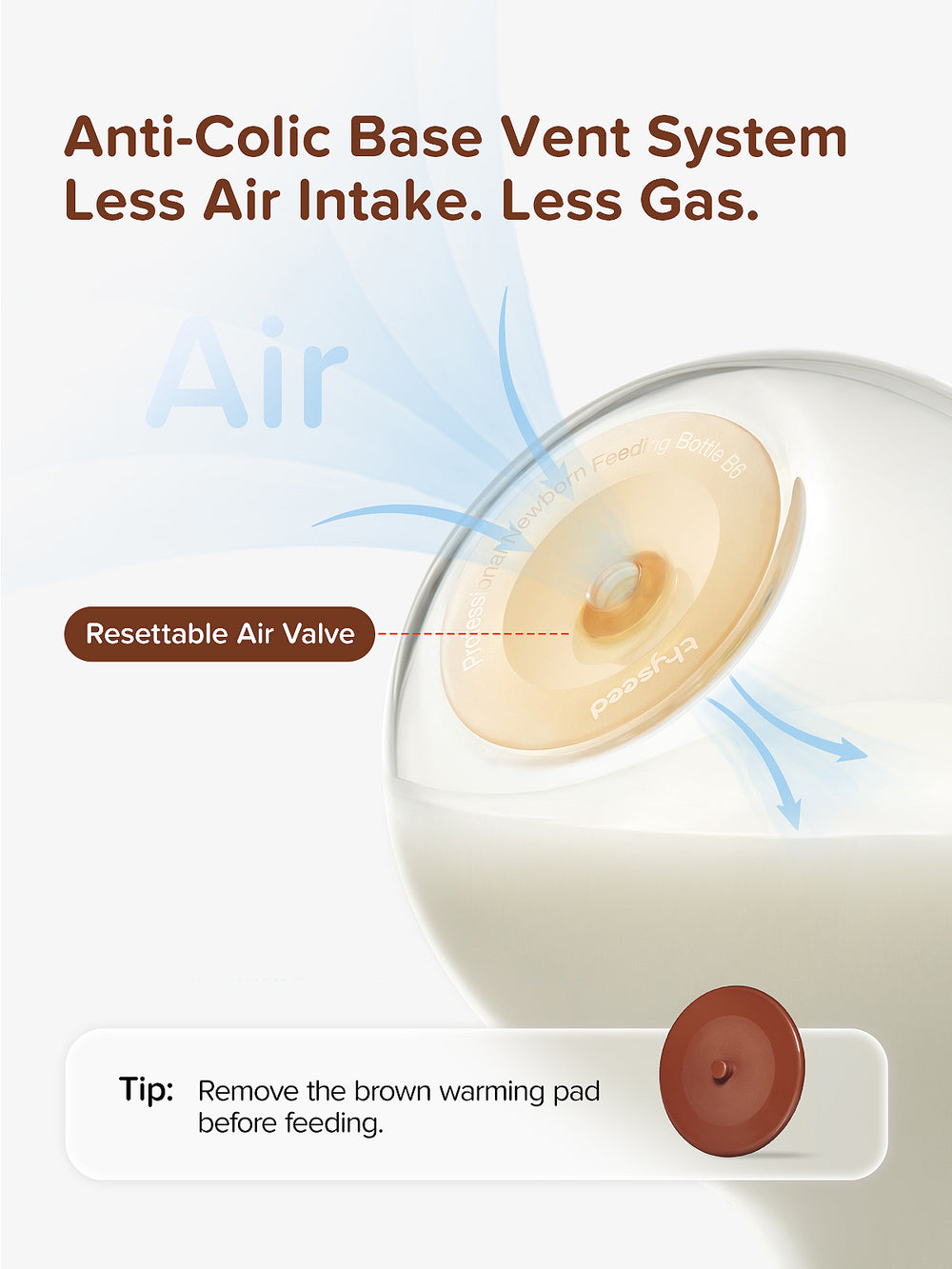 Thyseed glass anti-colic baby bottle with brown collar and beige nipple, showing airflow through the vent.