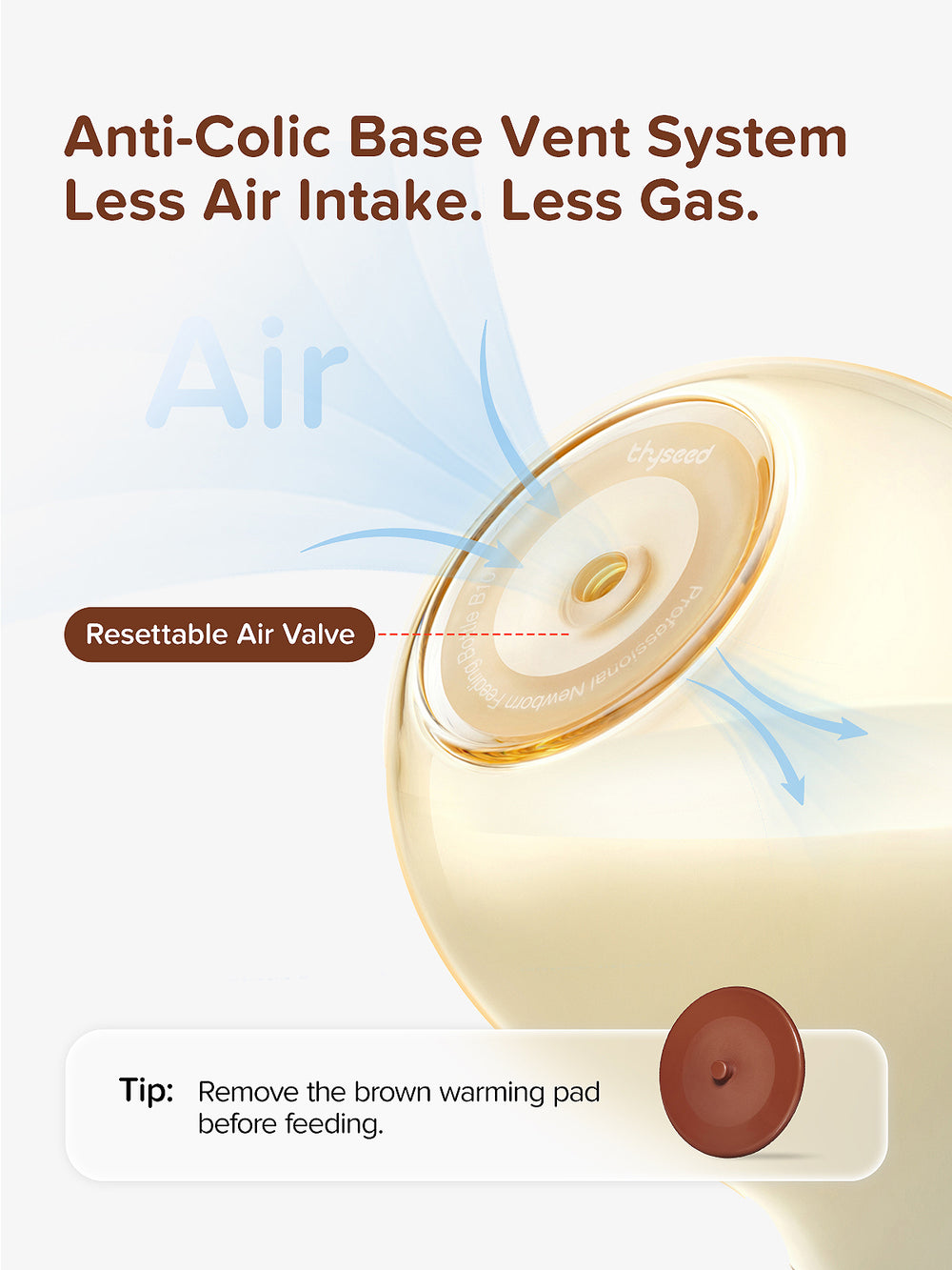 Thyseed PPSU anti-colic baby bottle with milk and airflow illustration, featuring brown and beige design.