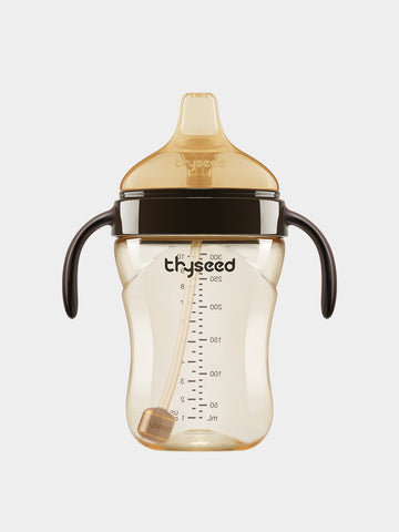 Thyseed 10oz PPSU sippy cup with weighted straw and angled handles, amber and dark brown.
