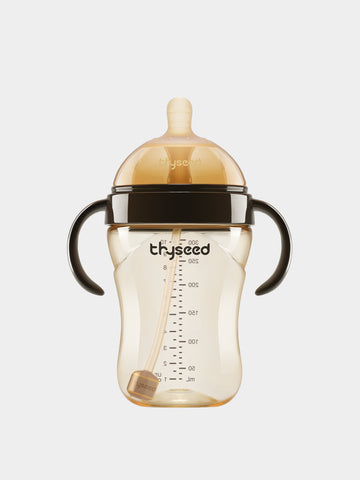 Thyseed 10oz PPSU transition baby bottle with handles in Thyseed Brown and dark brown.