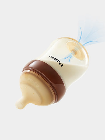 Thyseed PPSU anti-colic baby bottle with milk and airflow illustration, featuring brown and beige design.