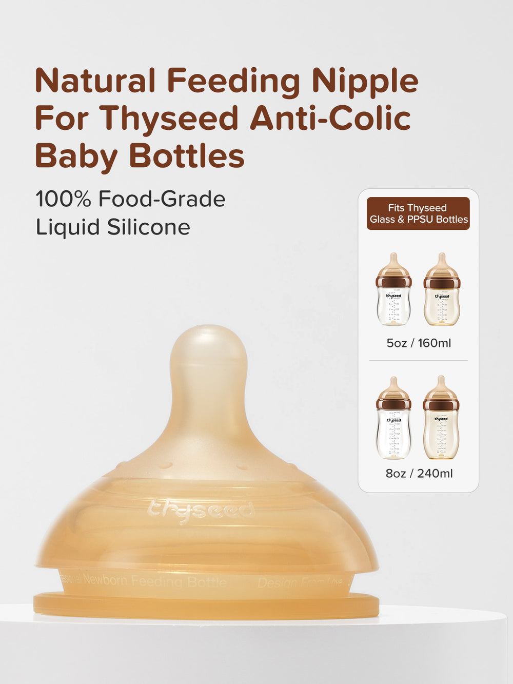 Thyseed Natural Anti-colic Nipple in Thyseed Brown, made of food-grade liquid silicone with a breast-like texture.