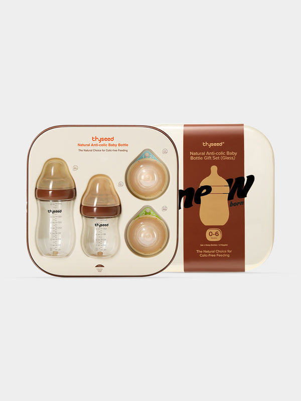 Thyseed Newborn Gift Set | Glass Natural Anti-Colic Baby Bottles | 0–6M